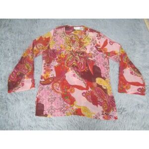 Millenium Shirt Womens Large Pink Long Sleeve Casual Blouse Floral Graphic Print